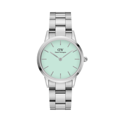Iconic Link Mint Silver ladies watch featuring a pastel mint green dial, minimalist hour markers, and a polished stainless steel bracelet with adjustable links.