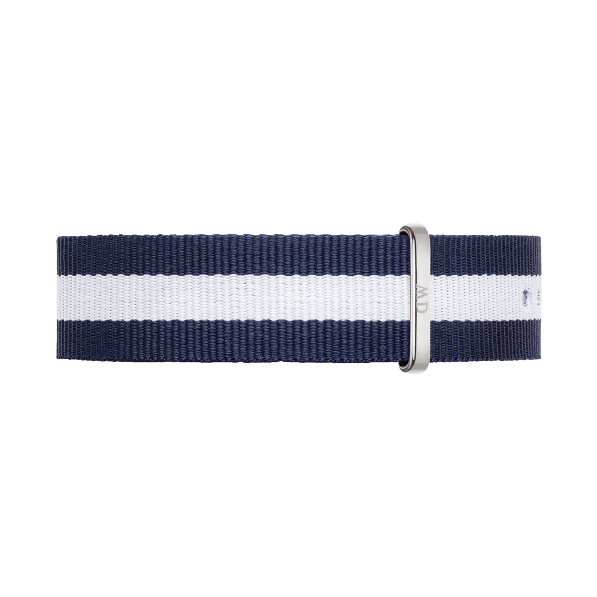 Glasgow Strap Silver features a navy and white striped NATO design with a polished silver buckle, crafted from durable polyester for a comfortable and stylish watch upgrade.