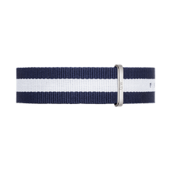 Glasgow Strap Silver features a navy and white striped NATO design with a polished silver buckle, crafted from durable polyester for a comfortable and stylish watch upgrade.