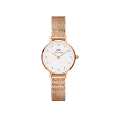 Petite Lumine Pressed Melrose ladies watch featuring a rose gold pressed mesh strap, minimalist white dial, and crystal hour markers, designed for a refined and elegant everyday look.