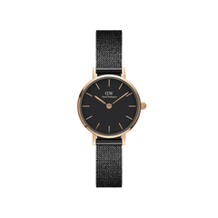 Petite Pressed Ashfield ladies watch with a rose gold case, minimalist black dial, and slim black mesh strap, designed for small wrists and everyday wear.