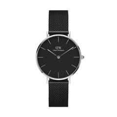 Petite Ashfield Silver watch featuring a minimalist black dial, slim silver case, and adjustable black stainless steel mesh strap, designed for a refined and versatile look suitable for everyday wear.