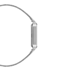 Side profile of the Quadro Pressed Unitone Silver ladies watch, highlighting its slim rectangular stainless steel case and flexible silver mesh strap.