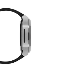 Side profile of the Switch Silver Apple Watch case featuring brushed stainless steel with a geometric octagonal design and black rubber strap, highlighting its slim and ergonomic fit for 40mm Apple Watch models.