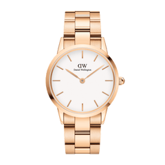Rose gold Iconic Link Rose Gold watch with a minimalist eggshell white dial and polished three-link bracelet, featuring a refined and versatile design suitable for both men and women.