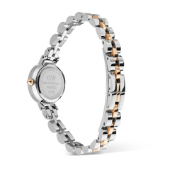 Rear view of the Petite Mini Arch 3-Link Two Tone Rose Gold watch, showing the polished stainless steel and rose gold bracelet, secure clasp, and engraved case back.