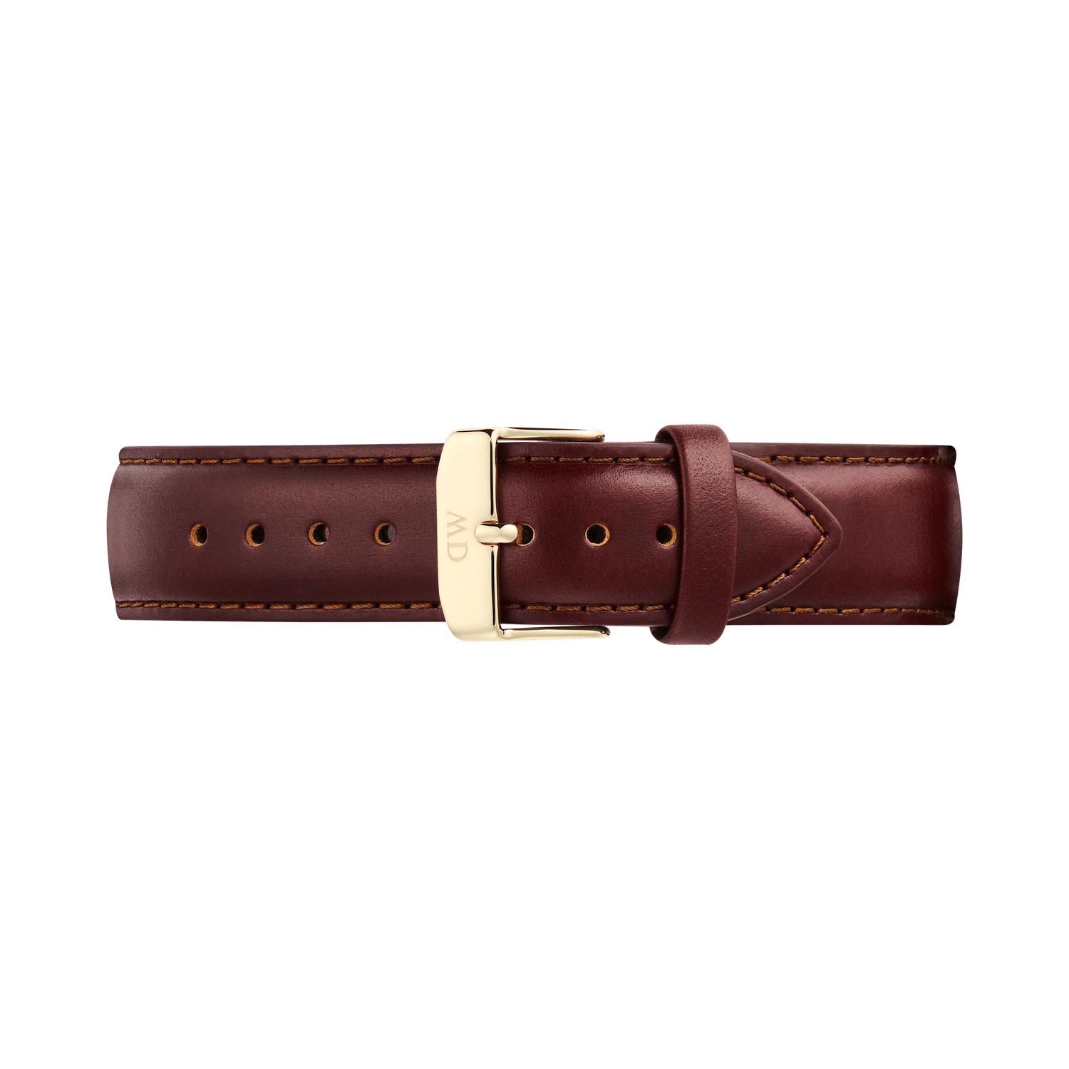 Brown leather Tapered St Mawes Strap Gold with subtle stitching and a polished gold-plated stainless steel buckle, designed for a 21mm fit and suitable for men’s watches.