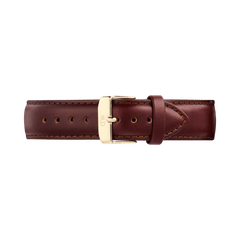 Brown leather Tapered St Mawes Strap Gold with subtle stitching and a polished gold-plated stainless steel buckle, designed for a 21mm fit and suitable for men’s watches.
