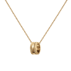 Gold necklace with a geometric-inspired ring pendant featuring textured details and a polished finish, suspended from a delicate adjustable chain. The necklace has a modern, minimalist design that highlights its refined gold tone and subtle sophistication.