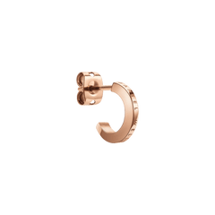 Daniel Wellington Elan Earrings Rose Gold shown in close-up, highlighting the minimalist huggie shape, engraved logo detail, and polished rose gold finish.