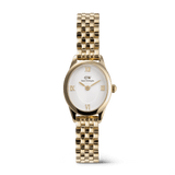 Ophelia Mini Gold women’s watch with a petite oval case, white sunray dial, gold Roman numerals, and a polished gold 5-link bracelet, blending classic style with modern minimalist design.