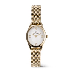 Ophelia Mini Gold women’s watch with a petite oval case, white sunray dial, gold Roman numerals, and a polished gold 5-link bracelet, blending classic style with modern minimalist design.