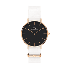 Petite Dover Black Rose Gold ladies watch with a slim rose gold case, minimalist black dial, and an adjustable white NATO fabric strap, offering a modern and versatile accessory for everyday wear.