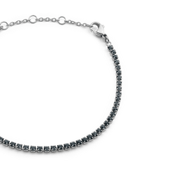 Close-up of the Classic Tennis Bracelet Nightfall Silver, highlighting its row of deep, dark Preciosa crystals set in polished silver with an adjustable chain and secure lobster clasp.