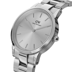 Close-up of the Iconic Link Unitone Silver ladies watch, highlighting its polished stainless steel link bracelet, minimalist silver dial and seamless modern design.