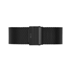 Black stainless steel mesh strap from the Classic Mesh Onyx Black watch, featuring a secure clasp and a finely woven design for a comfortable, adjustable fit.