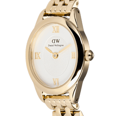 Close-up of the Ophelia Mini Gold watch highlighting the white sunray dial, gold Roman numerals, and polished gold oval case with a slim link bracelet.