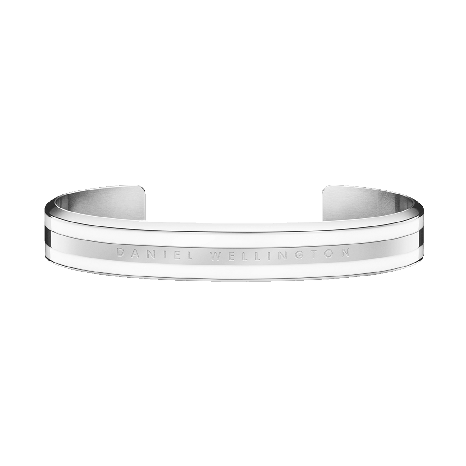 Emalie Bracelet Silver features a minimalist open cuff design with satin white enamel and polished silver finish, showcasing the Daniel Wellington logo engraved on the front.
