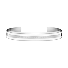 Emalie Bracelet Silver features a minimalist open cuff design with satin white enamel and polished silver finish, showcasing the Daniel Wellington logo engraved on the front.