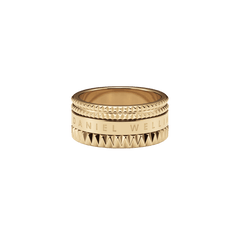 Elevation Ring Gold featuring a bold gold finish, geometric textured edges, and engraved branding, crafted from stainless steel with PVD gold plating.
