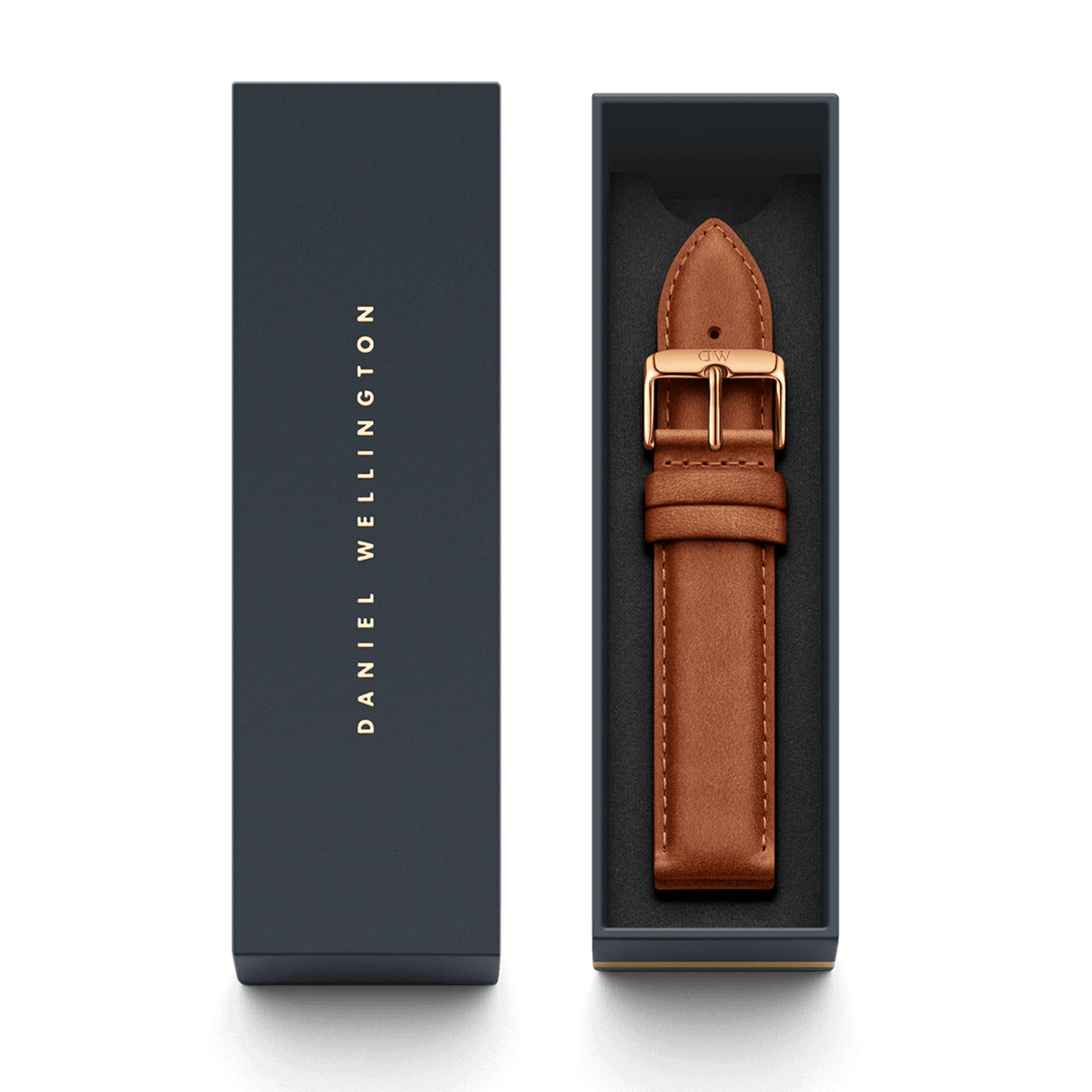 Durham Strap Rose Gold presented in a sleek Daniel Wellington gift box, featuring a light brown genuine leather strap with a polished rose gold buckle and refined stitching.