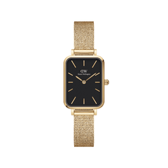 Quadro Pressed Evergold Black Gold features a rectangular gold case, striking black dial, and a slim gold mesh strap, offering a minimalist and elegant look ideal for everyday wear.