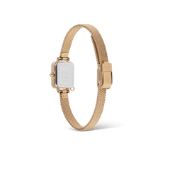 Rear view of the Daniel Wellington Quadro Mini Crystal Zodiac Evergold Set, showing the stainless steel case back and adjustable gold mesh strap with a secure clasp.