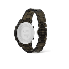 Back view of the Daniel Wellington Retro Digital Dark Grey Dark Grey watch, showing the engraved stainless steel case back and transparent bio-based plastic link strap.