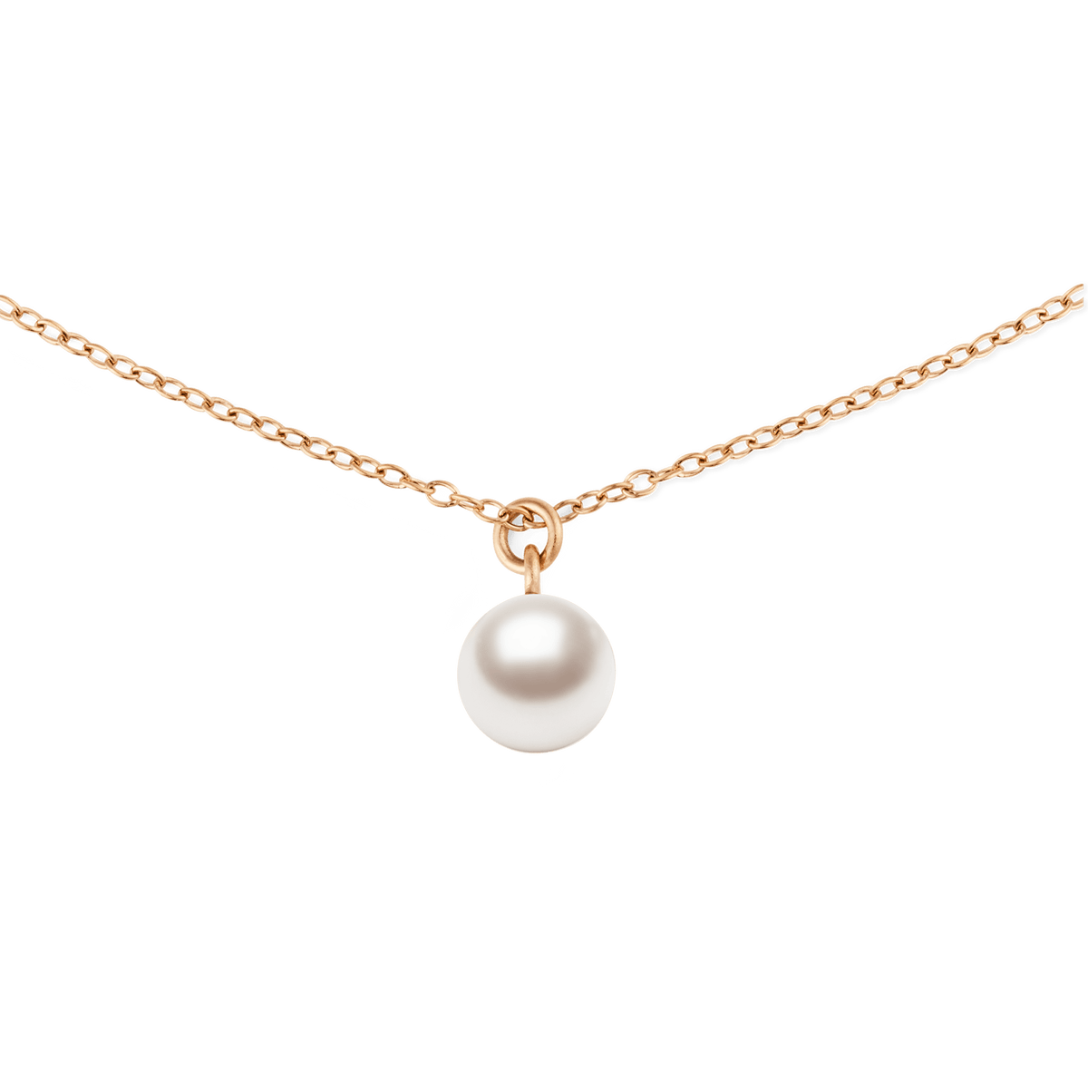 A delicate rose gold chain necklace featuring a single luminous Swarovski glass pearl pendant, designed with a minimal and elegant style.