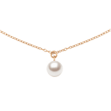 A delicate rose gold chain necklace featuring a single luminous Swarovski glass pearl pendant, designed with a minimal and elegant style.