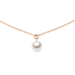 A delicate rose gold chain necklace featuring a single luminous Swarovski glass pearl pendant, designed with a minimal and elegant style.