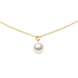 Gold chain necklace featuring a single round Swarovski glass pearl pendant, designed with a minimalist and elegant style for versatile everyday wear.