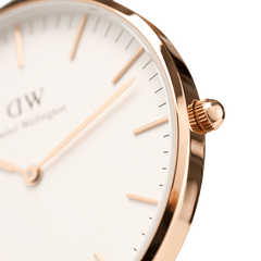 Close-up of the Classic Southampton watch showing the polished rose gold case, minimalist eggshell white dial, and slim rose gold hands and markers.