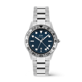 Daniel Wellington Iconic GMT Link Brushed Bezel Silver men's watch with a blue dial, brushed silver bezel, and stainless steel link bracelet, featuring a 24-hour GMT function and date display.