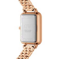 Rear view of the Quadro Lumine Bezel 5-Link Melrose showing the stainless steel case back, rose gold five-link strap, and engraved details including water resistance and Japanese movement.