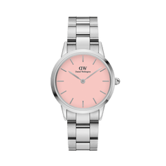 Iconic Link Blush Silver ladies watch featuring a stainless steel link bracelet and a soft pastel pink dial with minimalist hour markers, ideal for everyday style and comfort.