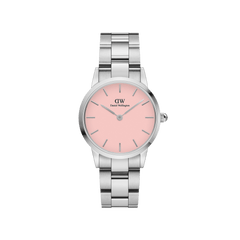 Silver ladies watch with a polished stainless steel link bracelet and a minimalist round pastel pink dial, featuring slim silver hour markers and hands. The Iconic Link Blush Silver offers a modern, elegant look suitable for both casual and professional wear.