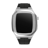 Switch Silver Apple Watch case in brushed stainless steel with an octagonal geometric design, shown with a black rubber strap and deployment clasp, suitable for 40mm Apple Watch models.
