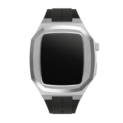 Switch Silver Apple Watch case in brushed stainless steel with an octagonal geometric design, shown with a black rubber strap and deployment clasp, suitable for 40mm Apple Watch models.