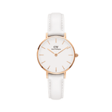 Petite Bondi Rose Gold ladies watch with a slim white leather strap, rose gold case, and minimalist eggshell white dial featuring simple hour markers for a clean, elegant style.