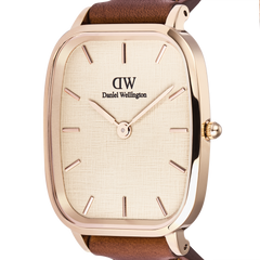 Close-up of the Marlon St Mawes Linen Rose Gold men’s watch highlighting its cushion-shaped rose gold case, linen-textured dial, minimalist markers, and brown leather strap.