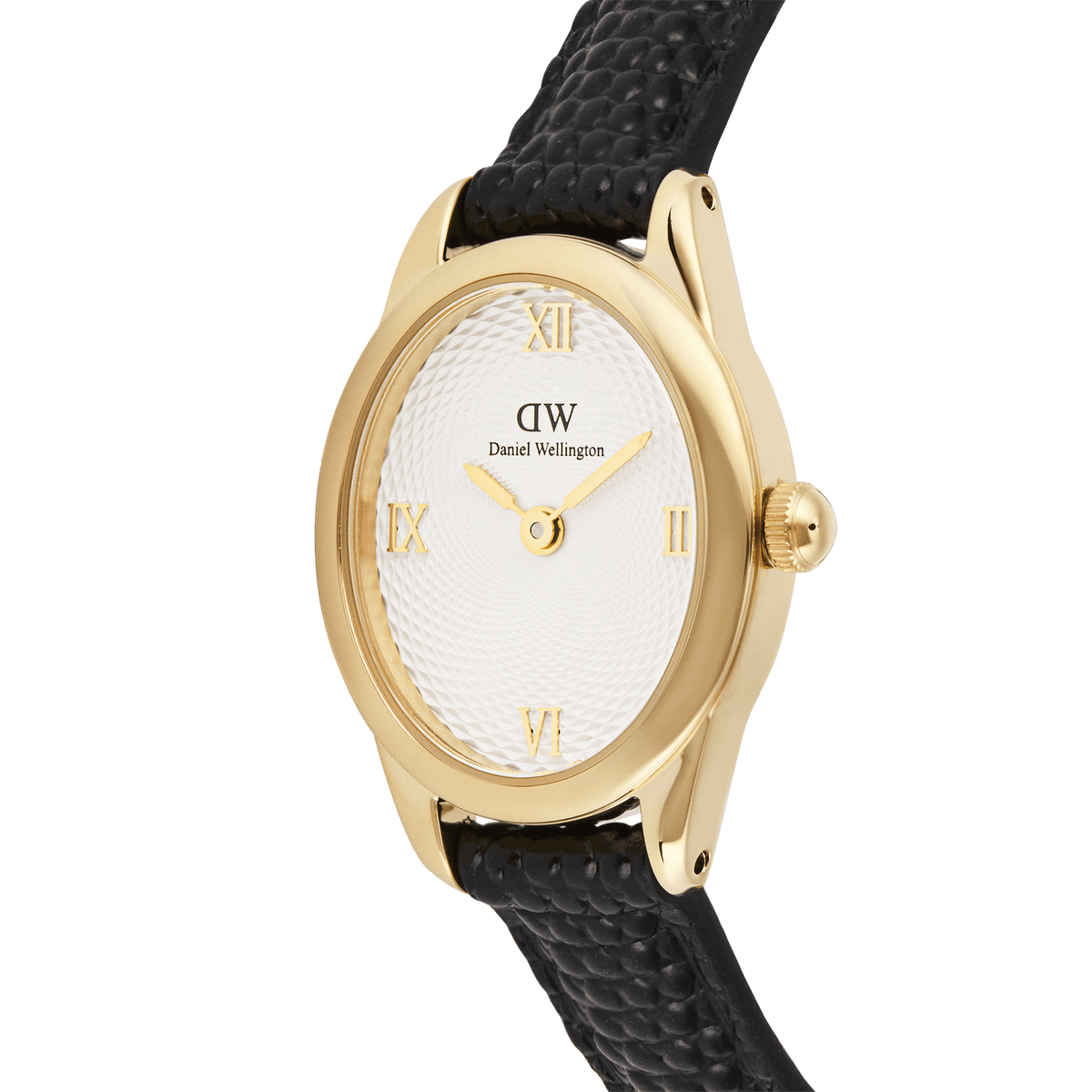 Close-up of the Daniel Wellington Ophelia Mini Black Lizard White Guilloché Gold watch, featuring a gold oval case, textured white guilloché dial with gold Roman numerals, and a black lizard grain leather strap.
