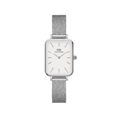 Quadro Pressed Sterling features a petite rectangular stainless steel case, eggshell white dial, and a refined silver mesh strap, offering a minimalist and elegant watch design for women.