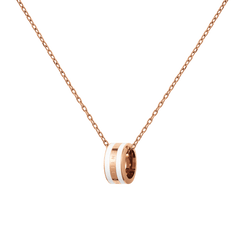 Close-up of the Emalie Necklace Rose Gold Satin White, showing a polished rose gold chain and a smooth satin white enamel pendant with engraved detailing, ideal for adding a modern, elegant touch to any look.
