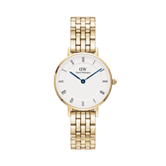 Petite Roman Numerals 5-Link Gold watch featuring a 28mm round white dial with classic Roman numerals, blue steel hands, and a polished gold 5-link bracelet.