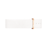 Dover Strap Rose Gold in crisp white polyester with a rose gold buckle, featuring a minimalist NATO style design and adjustable fit for various watch sizes.