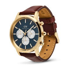 Iconic Chronograph St Mawes Arctic Panda Gold watch with a gold-plated case, deep blue dial, three white sub-dials, luminous hands, and a brown stitched leather strap with a pin buckle closure.