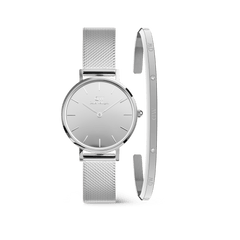 Silver mesh watch with a minimalist round dial paired with a slim silver bracelet featuring delicate diamanté accents, designed for women who prefer understated elegance and a cohesive jewellery look.