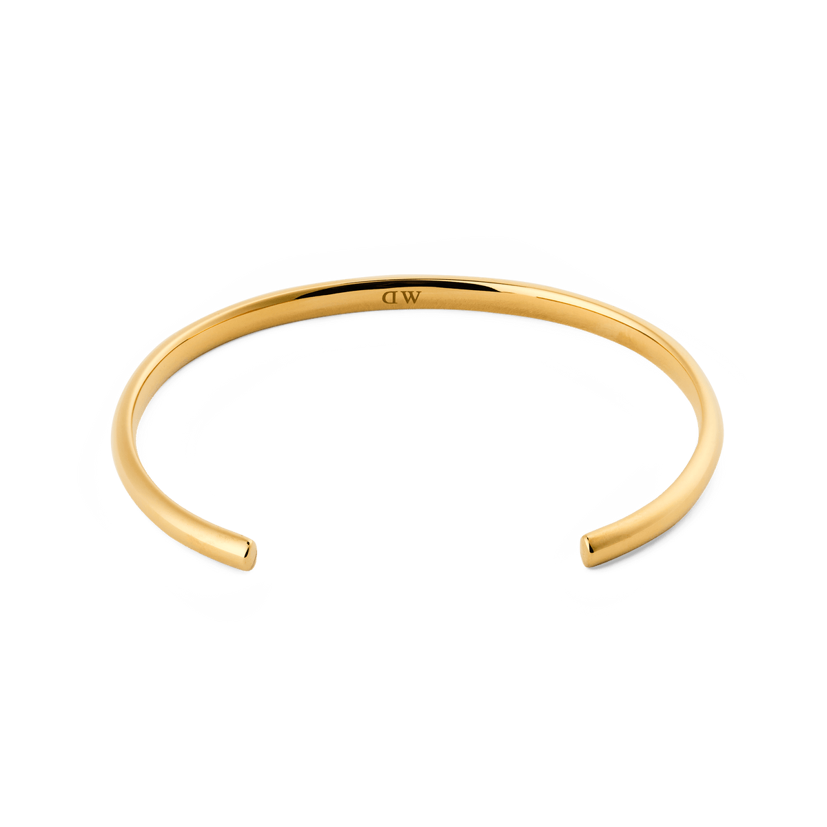 Arch Cuff Gold 4mm bracelet featuring a slim, open-ended shape with a polished gold finish and discreet logo inside, designed for comfortable daily wear and easy stacking with other jewellery.