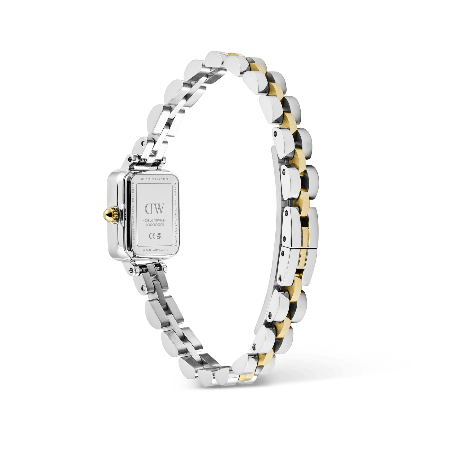 Rear view of the Quadro Mini Arch 3-Link Two Tone Gold, showing the stainless steel case back and polished two tone gold and silver 3-link bracelet with a secure butterfly clasp.
